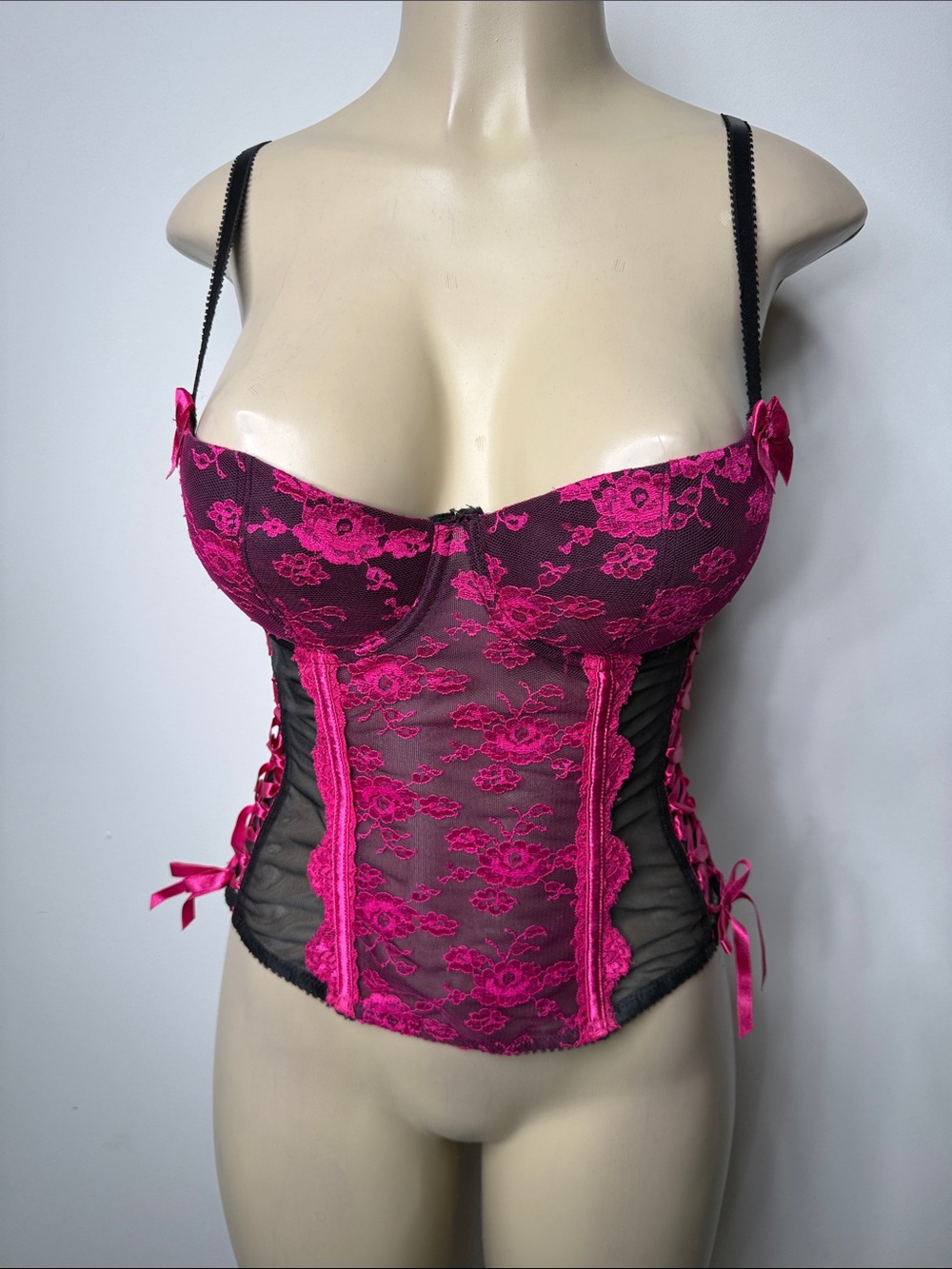 H&M Black and Hot Pink Lace Bustier with Lace-Up Sides
